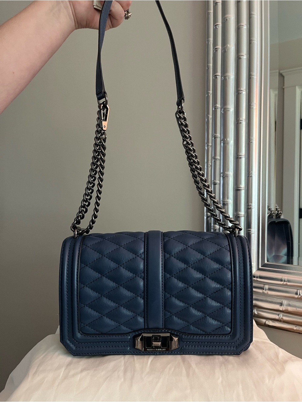 Rebecca Minkoff Quilted genuine leather Navy Blue Shoulder Bag with Chain Strap